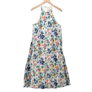 Likely Pleated Floral Midi Dress White Multicolor Sleeveless Lined Halter Size 8